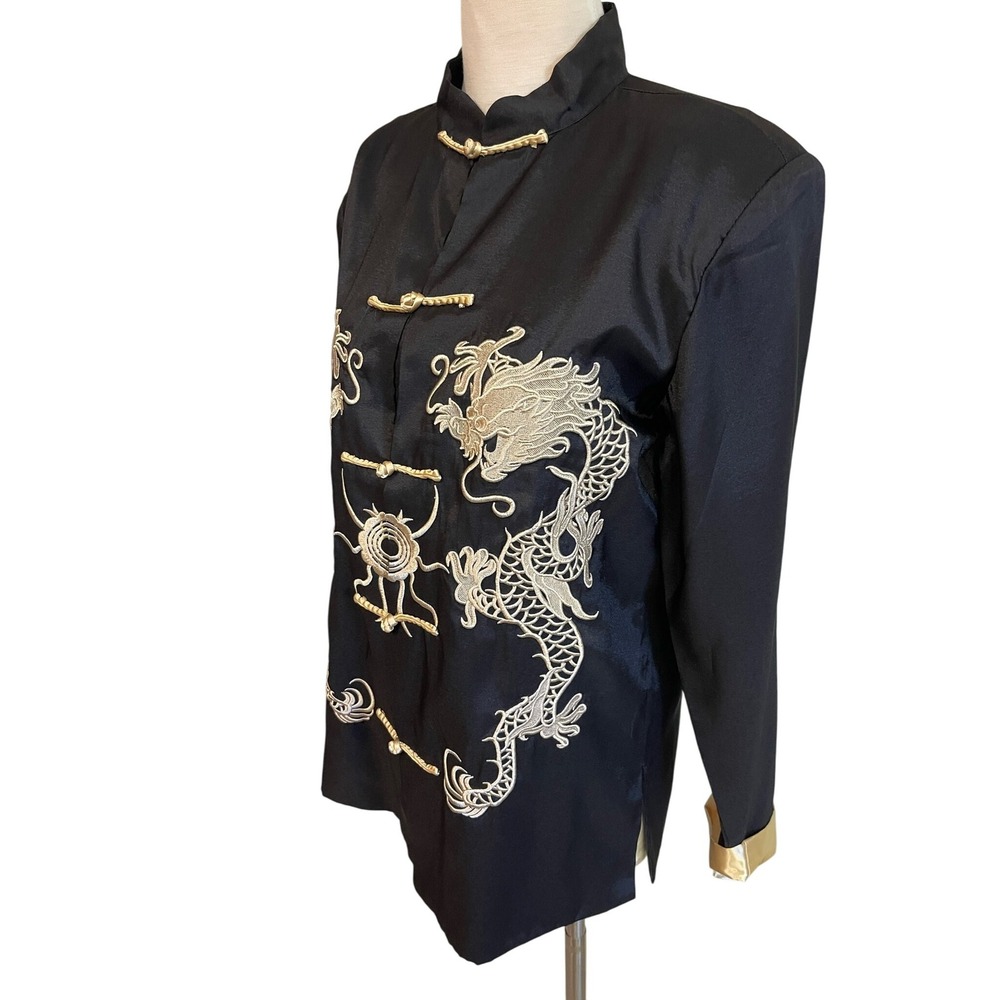 Dragon Embroidered Mandarin Collar Jacket Asian Style Black Gold Trim - Picture 3 of 12